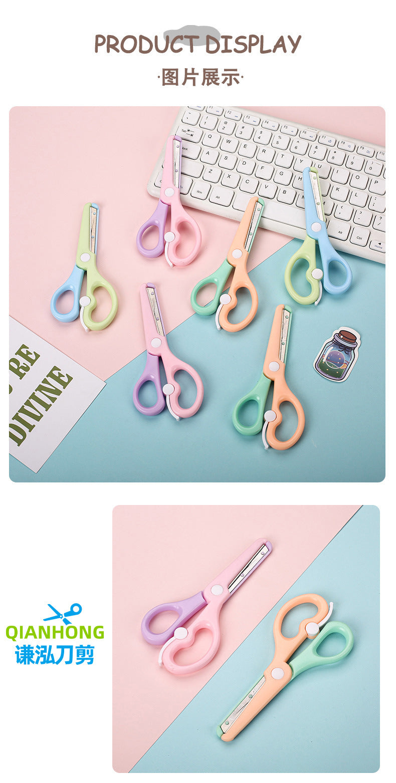 Kids safety scissors by IBG in colorful macaron design, ideal for paper cutting and school activities for children.