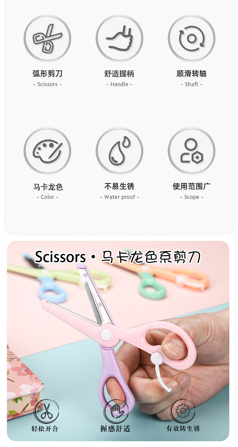Kids safety scissors by IBG in macaron colors, featuring rounded tips and colorful handles for safe use by children.