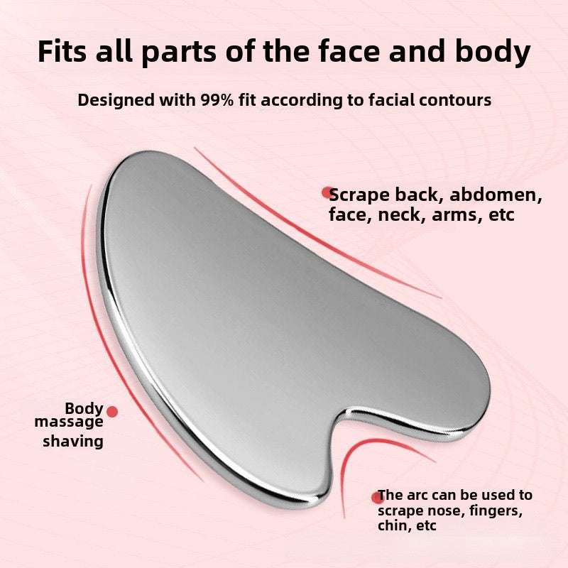 IBG stainless steel Gua Sha massage tool for facial and body skincare, featuring smooth, polished surface designed for gentle massage.