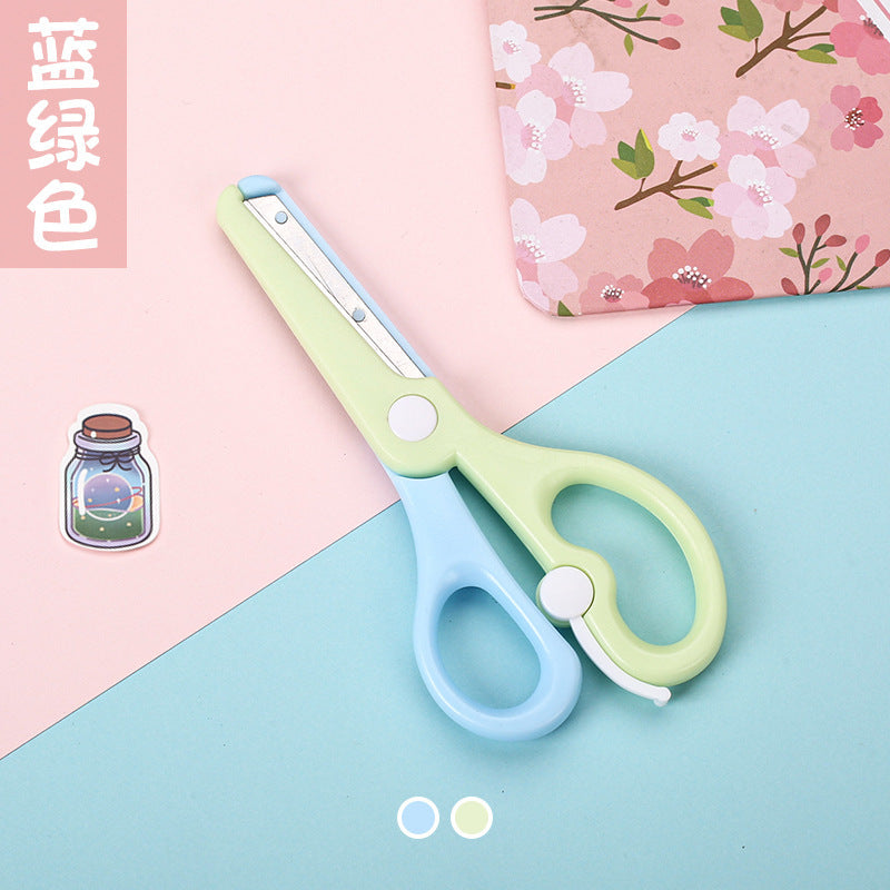 Kids safety scissors in macaron colors by IBG, designed for kids and school use, with rounded blades and colorful handles.