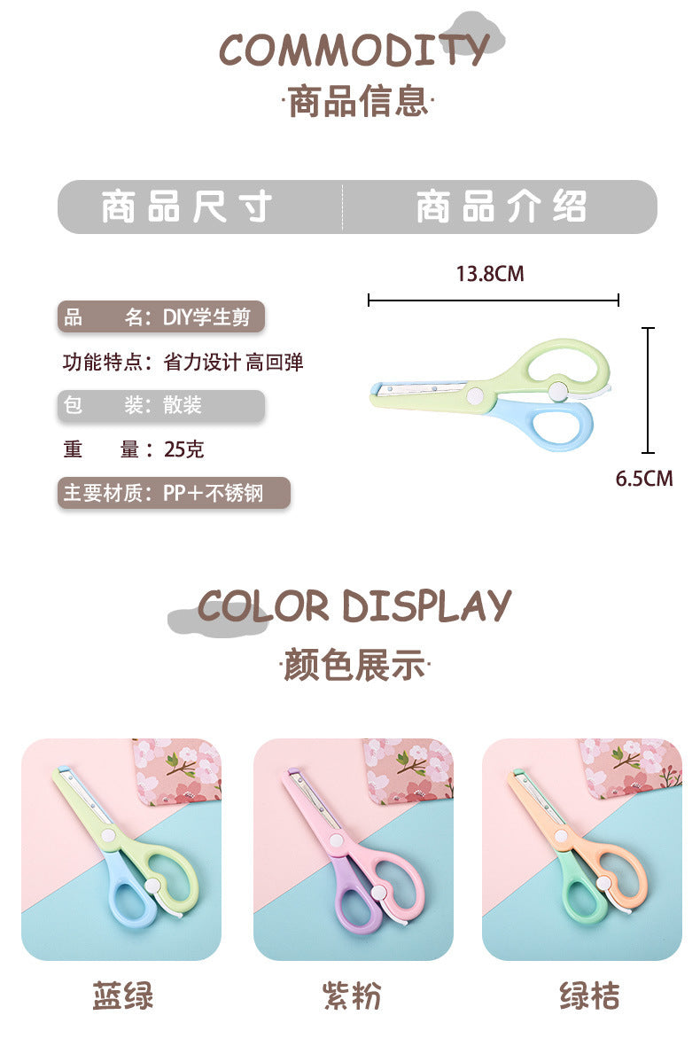 Kids safety scissors by IBG in colorful macaron design, featuring rounded blades for safe paper cutting for children.