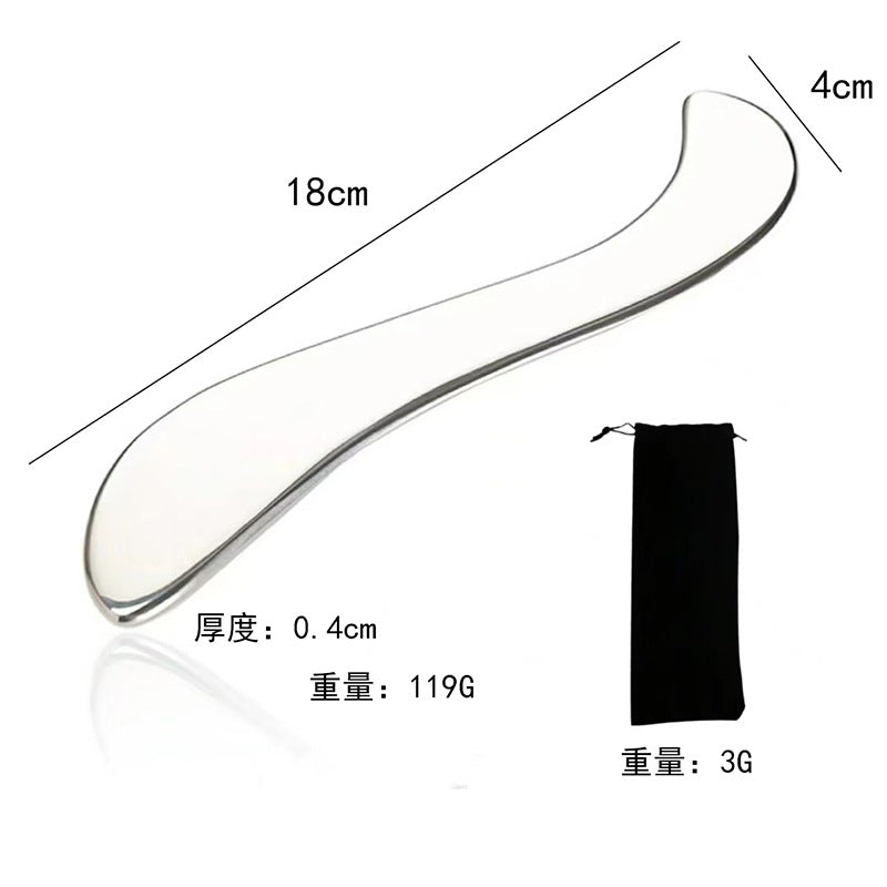 IBG stainless steel Gua Sha massage tool for facial and body skincare, featuring smooth, polished surface for gentle massage.