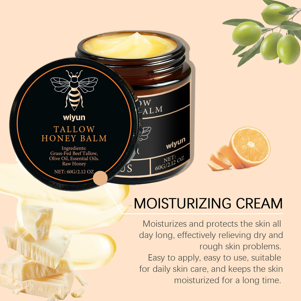 IBG Tallow Honey Moisturizer cream for face and body, hydrating skincare with natural ingredients, in a white jar with a beige lid.