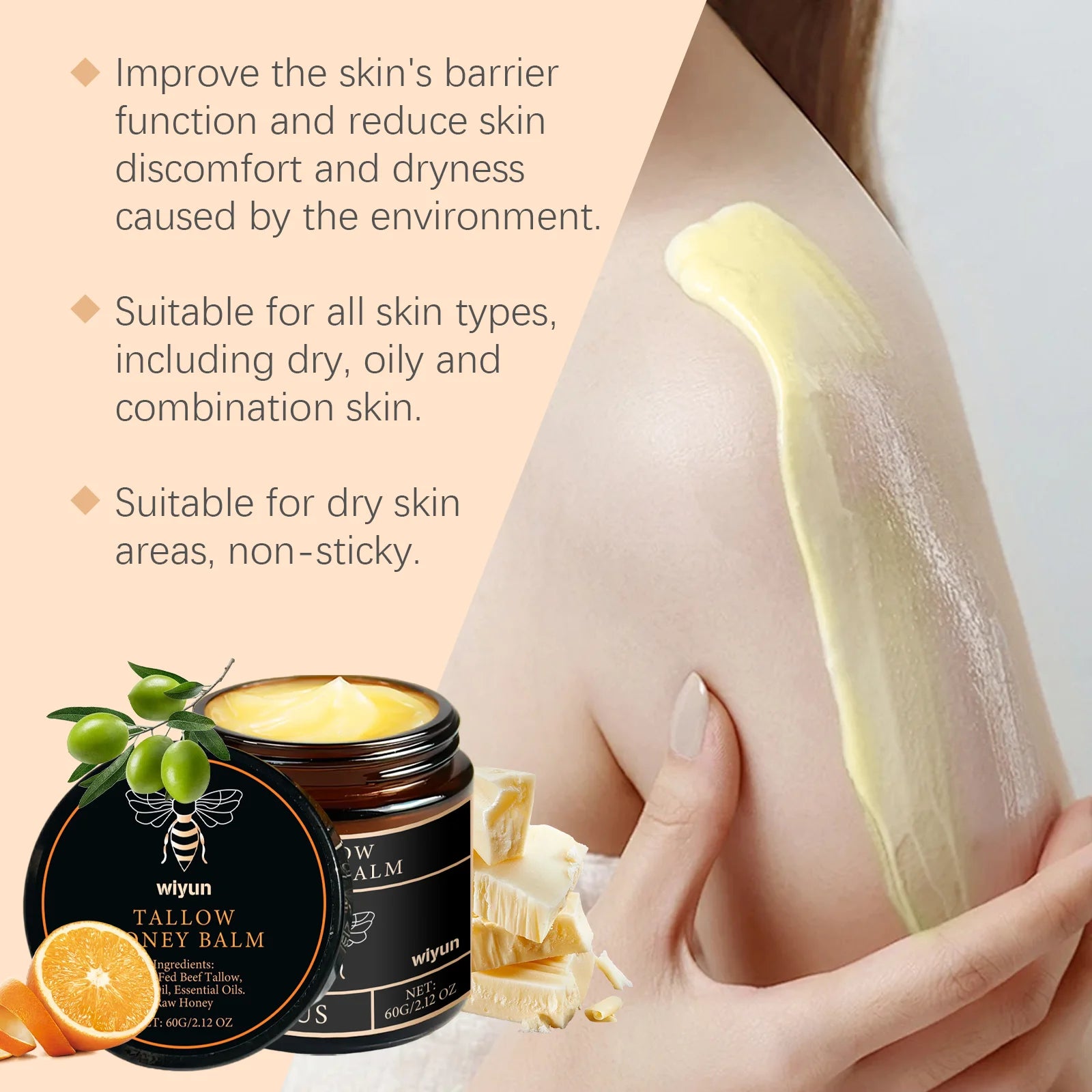 IBG Tallow Honey Moisturizer for face and body, hydrating cream with natural ingredients, showing the jar of moisturizer on a white background.