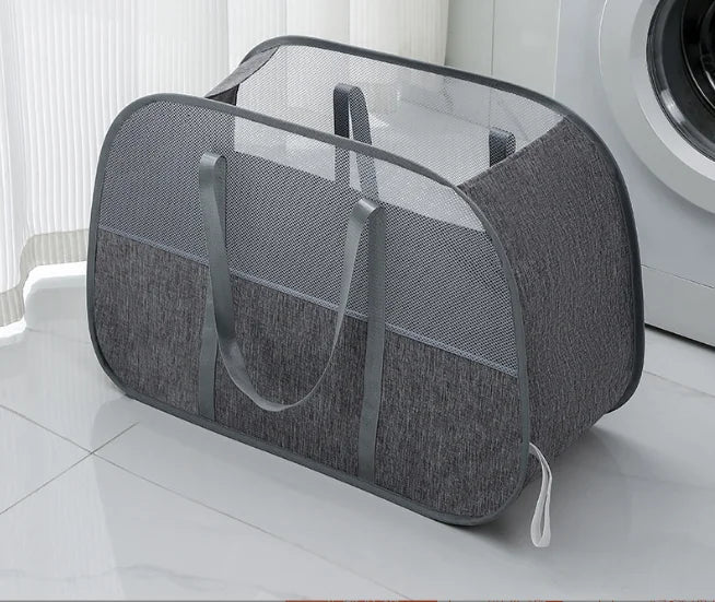 Large IBG foldable mesh laundry basket with handles, pop-up design, and breathable mesh sides for easy laundry storage.